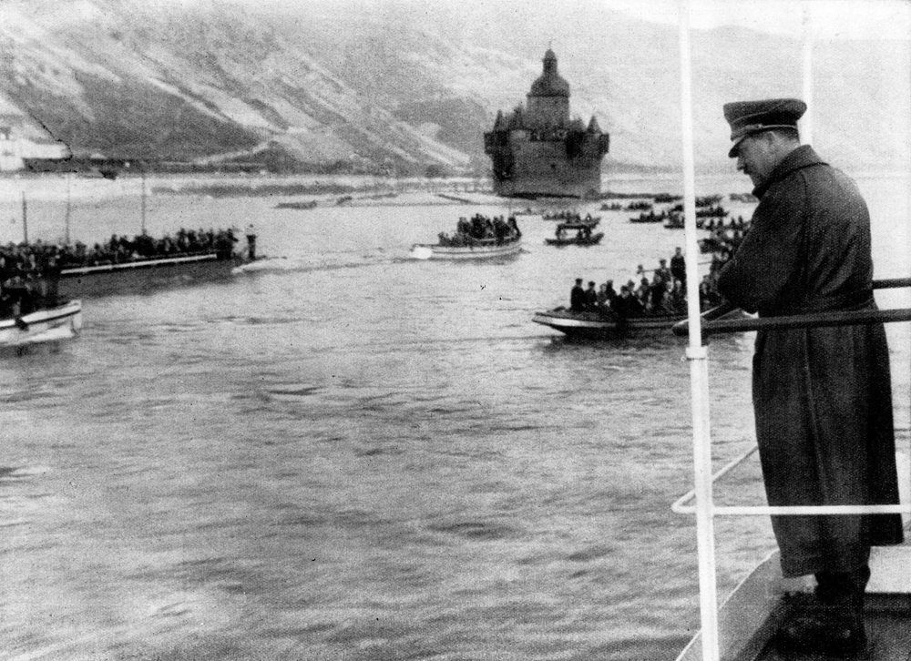 Adolf Hitler on the Rhine river aboard the Preussen steam boat, passing the Palatinate near Caub